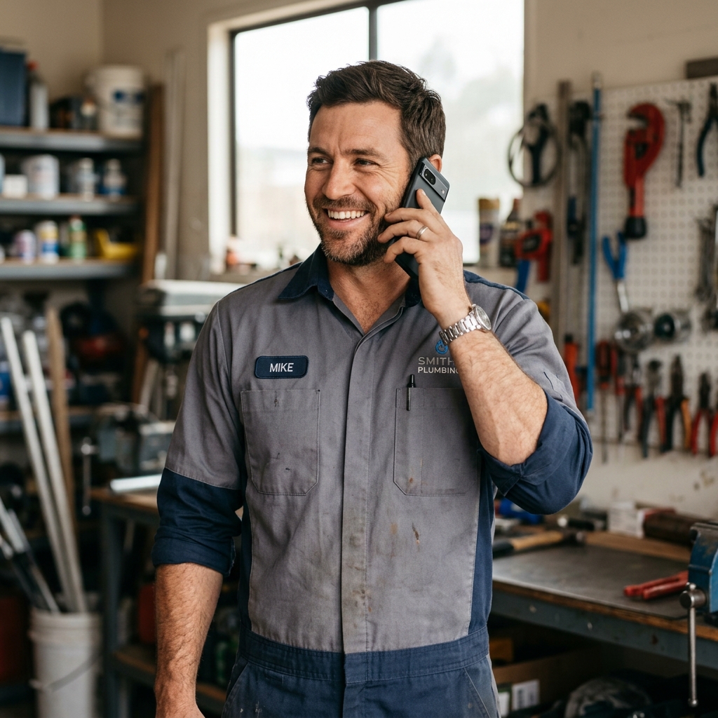 Happy plumber on the phone - demo call